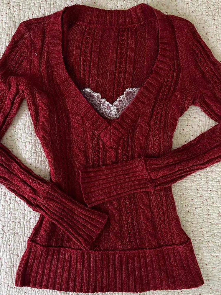 

Red Slim Fit Knitwear Women's Vintage Design Original Quali Casual Sle Pure Cotton Long Sve V-ne Sweater