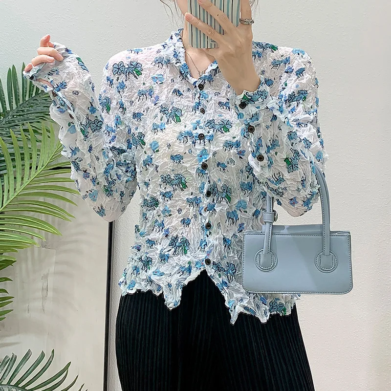 YFPF Retro Unregelmäßige Gefaltete Design Frauen Hemd Mode Druck Taste Langarm Sonnencreme Bluse 2025, Neue Kleidung 3A279