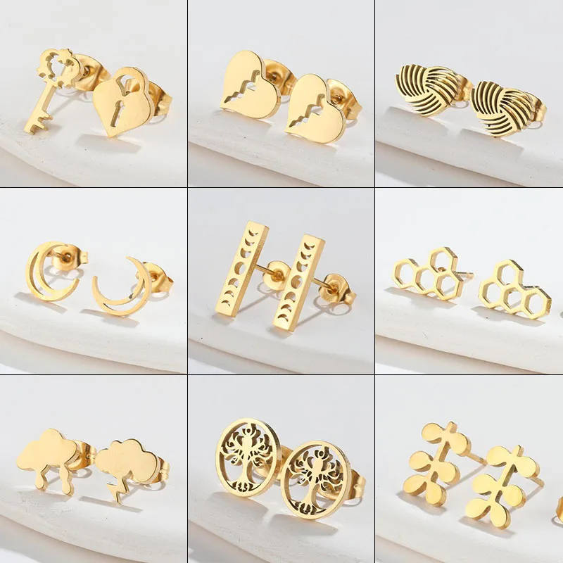 Spring and summer simple niche stainless steel key lock love small earrings geometric moon molecule Korean stud earrings wholesa
