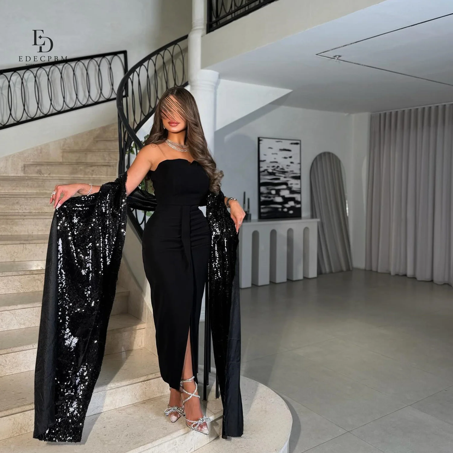 

EDECPBM Sequins Women Evening Dress Mermaid Elegant Party Dresses 2025 Vestidos De Festa فساتين سهرة Customized Black Shawl Prom