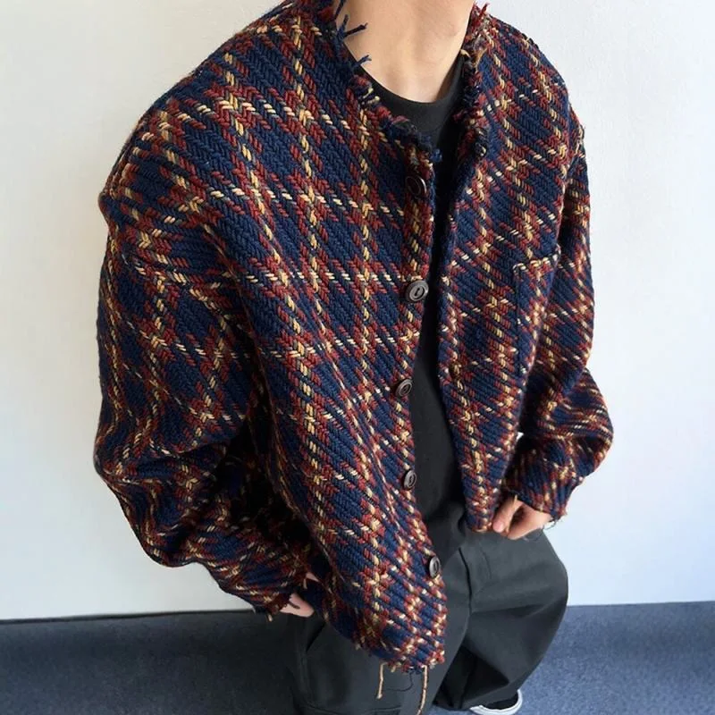 

Vintage Contrasting Weaving Woolen Edge Tassel Jacket Men Autumn Plaid Long Sleeve Collarless Top Fashion Loose Heavy Coats