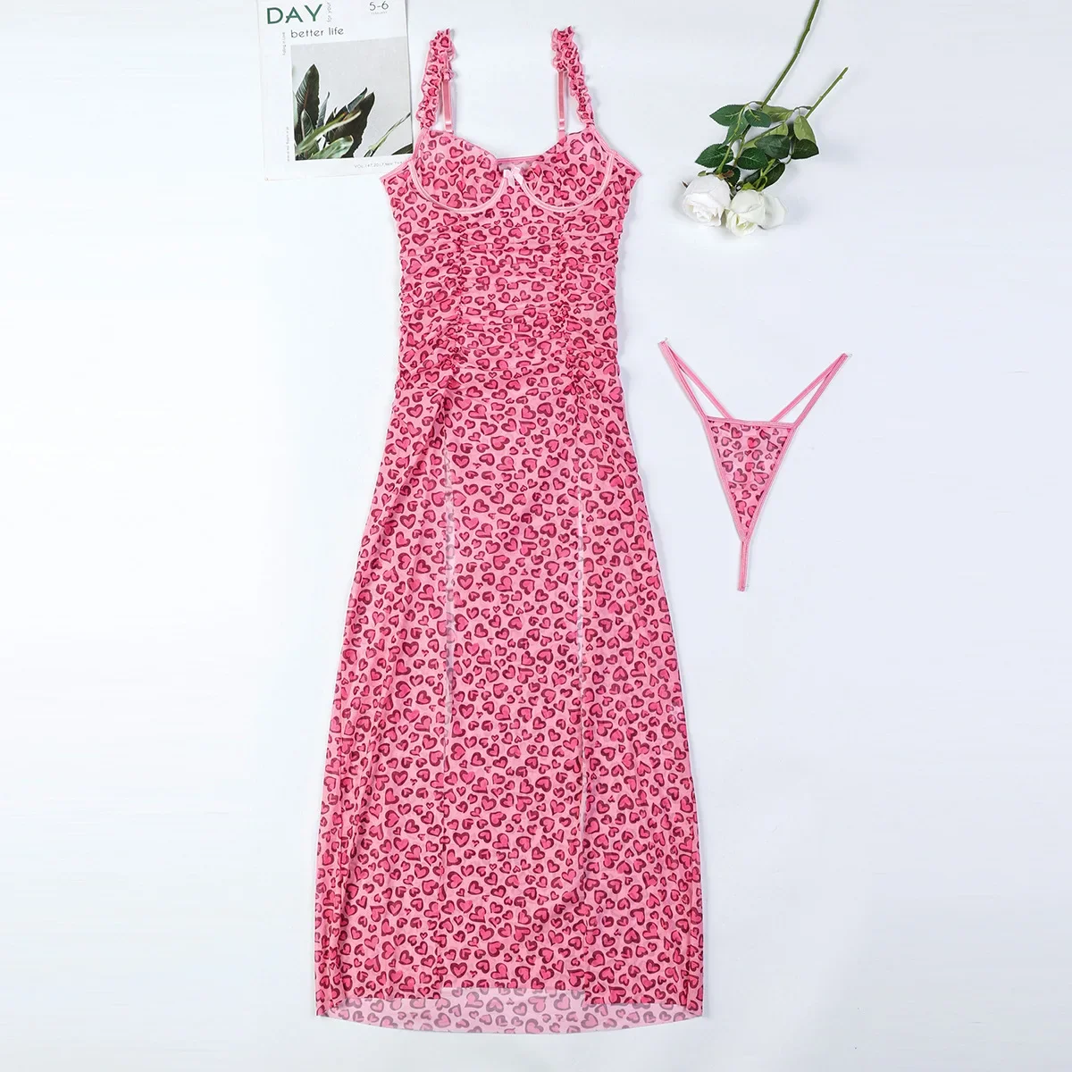 

Lovermore Pink Leopard High Slit Mesh Dress Women Underwire Iron Chest Wrapping Spaghetti Strap Sexy Lingerie Extremely Hot 2025