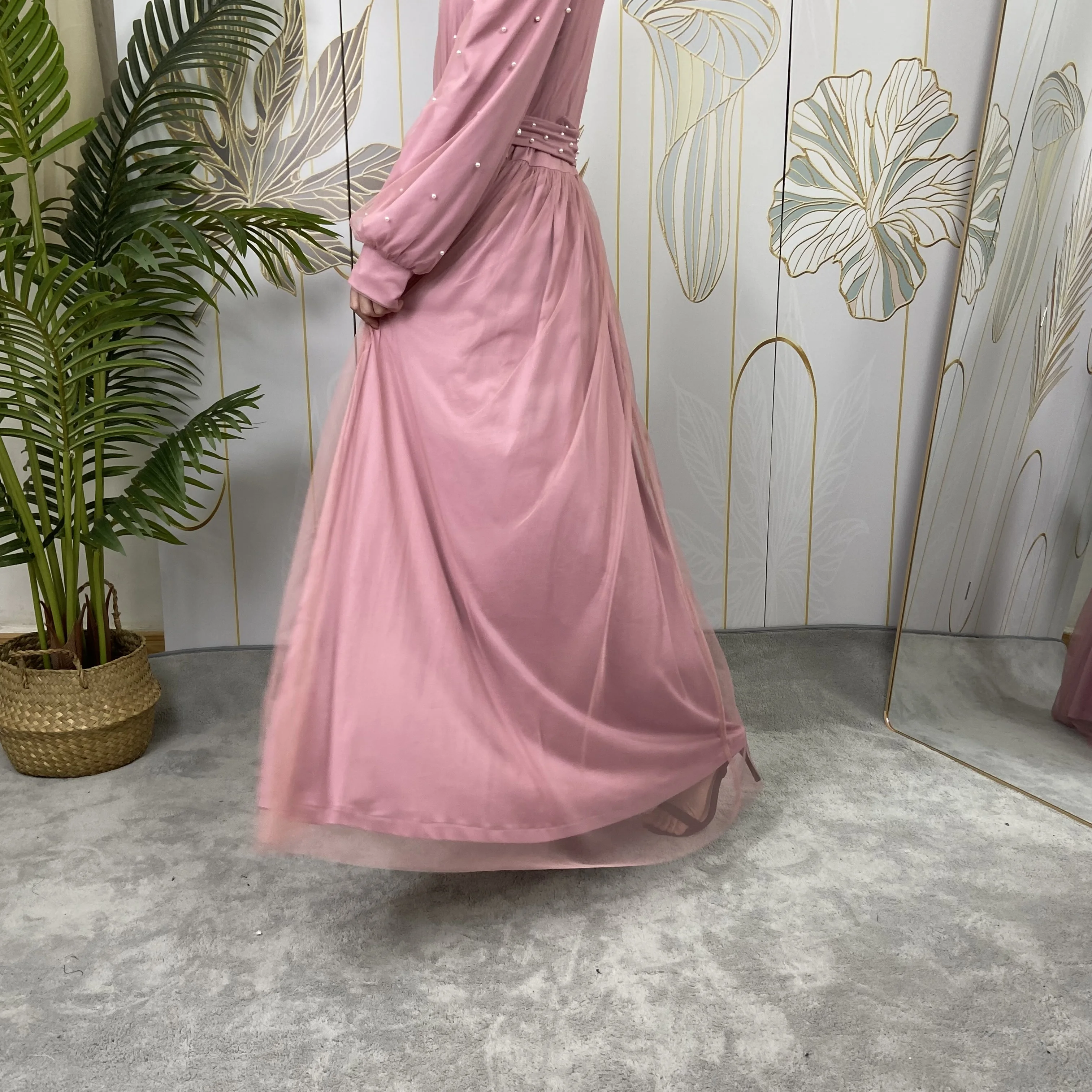 Middle East Türkiye Pink Women Modest Mesh splicing Muslim Clothing Fashion Beads Islamic Maxi Long Sleeve abaya Dress