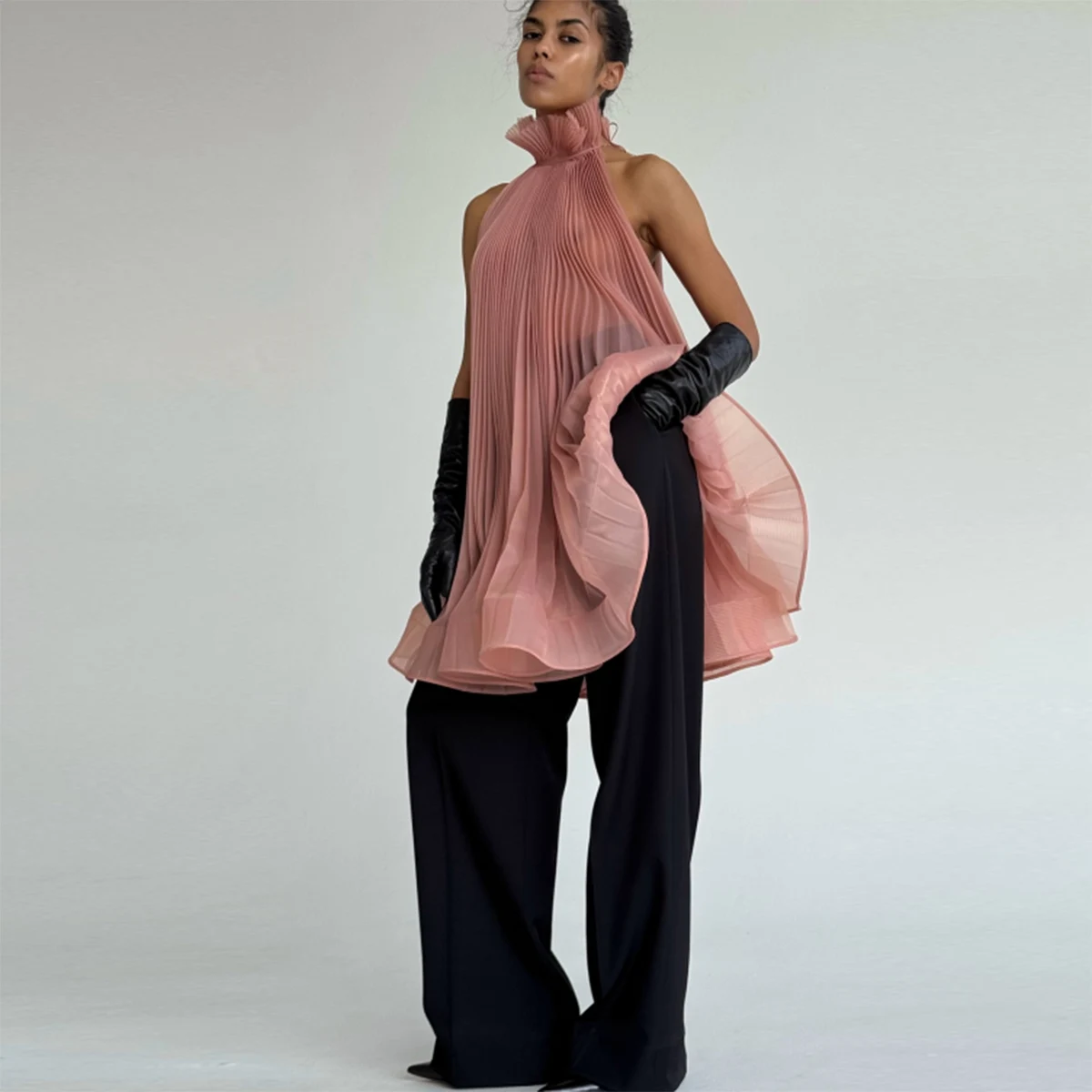 

Dusty Pink High Neck Sleeveless Sexy Top Pleated Ruffles Long Top Women Formal Wear Outfit Party Dress