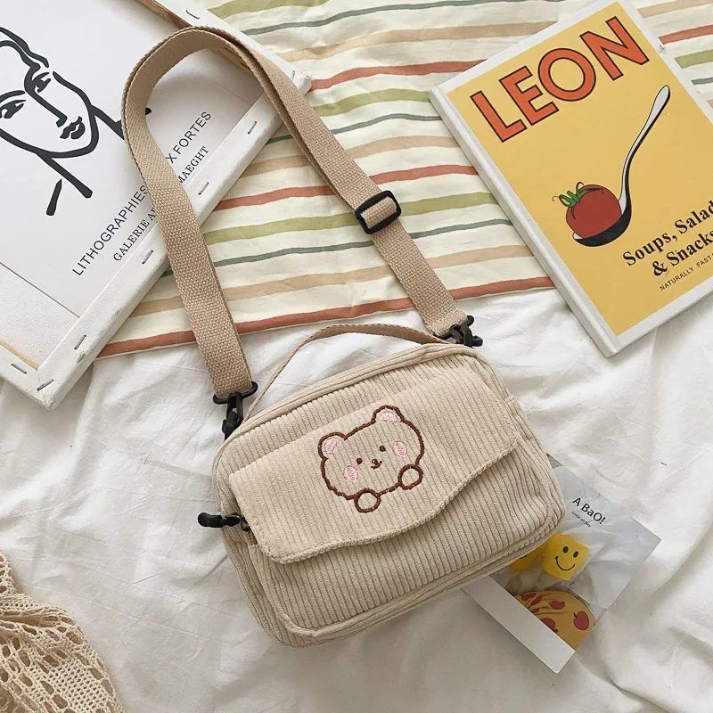 Ladies Corduroy Bag Small Bag Korean Style Canvas Tote Shoulder Bags Cute Bear Embroidery Crossbody Messenger Bag Handbag