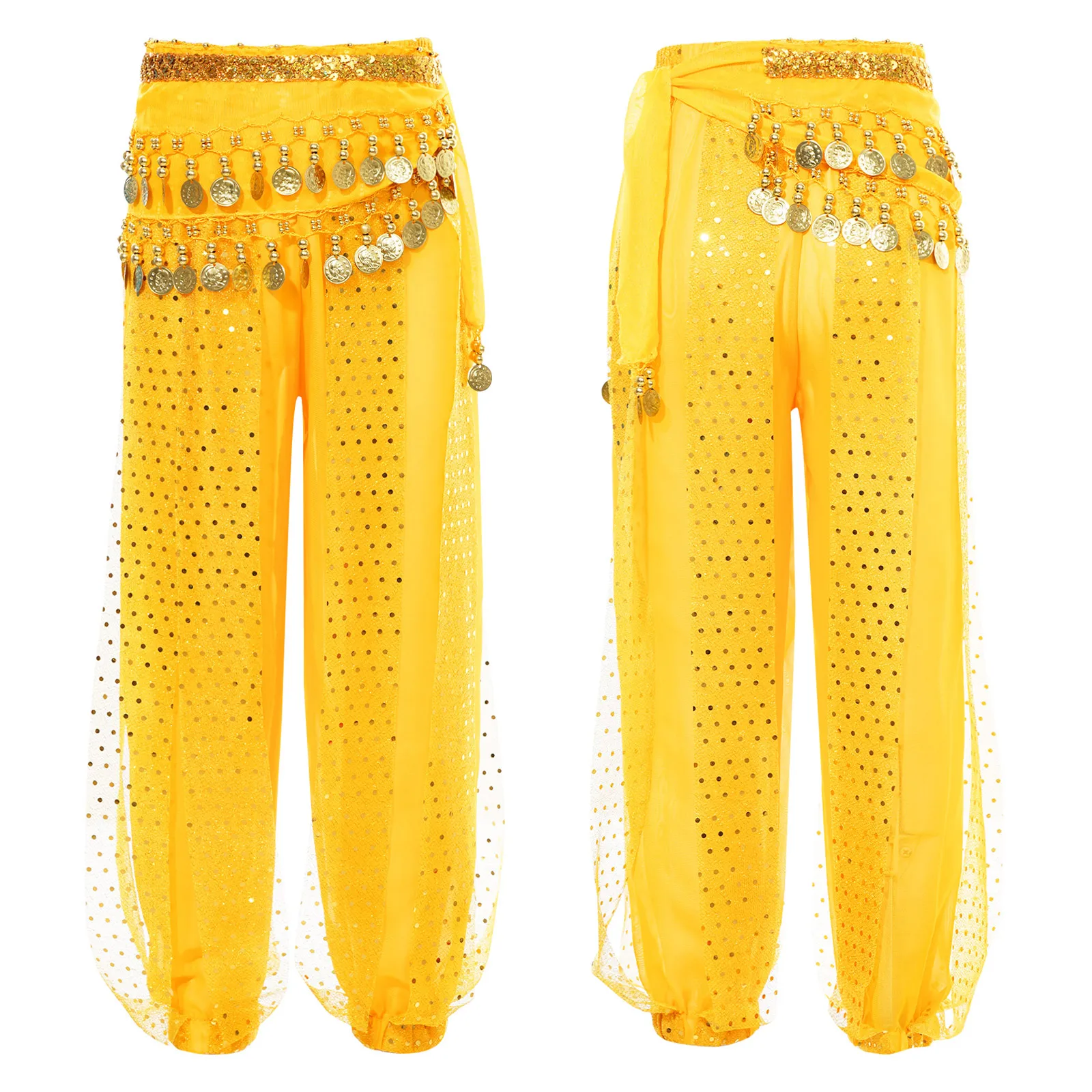 Kinderen Meisjes Buikdans Harembroek Tribal Arabische Broek Pailletten Mesh Chiffon Dansbloeiers met Hippe Sjaal Buikdansoutfits