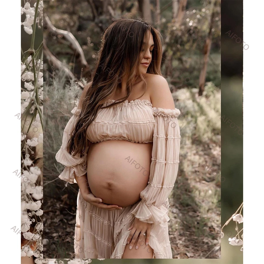 Vestido largo de gasa de tul para mujer embarazada, traje Sexy de dos piezas, estilo bohemio, para fotografía de maternidad