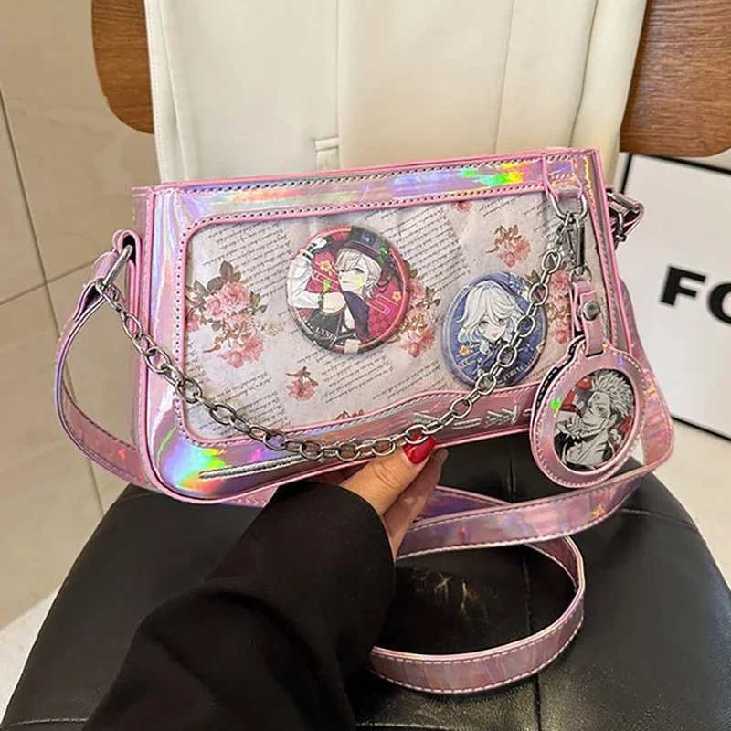 HAEX Y2K kadınlar Ita çanta moda estetik göz kamaştırıcı E kız Crossbody omuz çantaları Punk zincirler alt kültür DIY rozeti Bolso Mujer