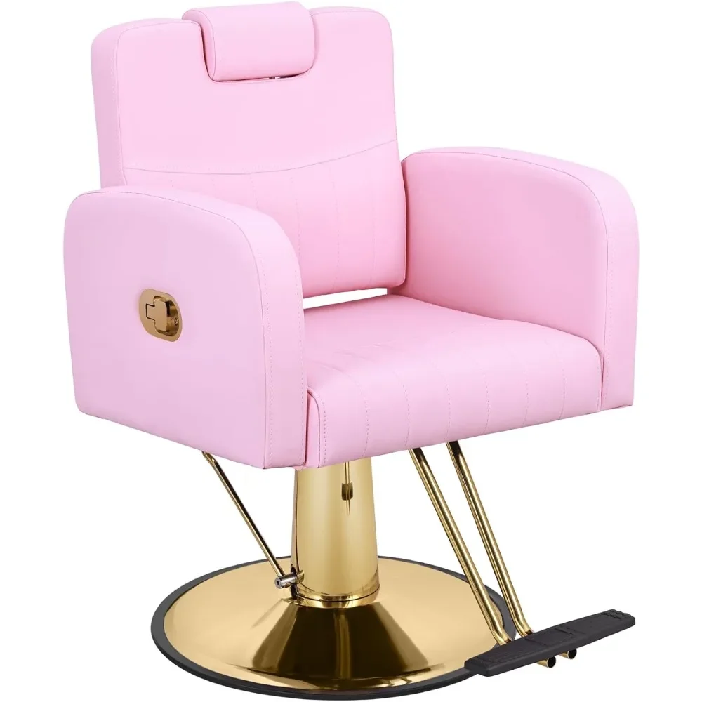 Barber Chair， Pink Hydraulic Barber Chair, Reclining Hair Salon Chair For Hair Stylist, 360° Swivel, 135° Recline With Widen Cus