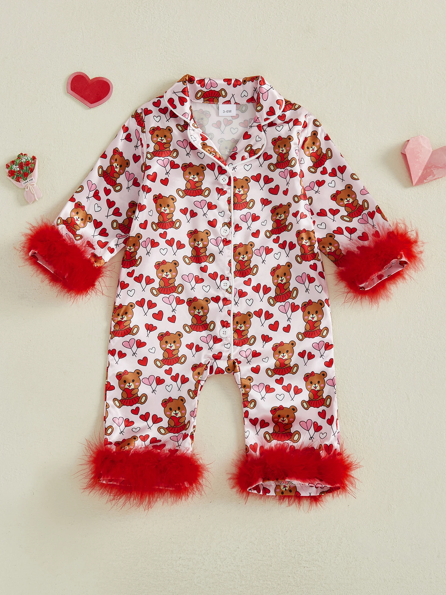 

Комбинезон для маленьких девочек на День святого Валентина с принтом сердца и дизайном медведя, комбинезон на пуговицах с длинными рукавами и лацканами для младенцев