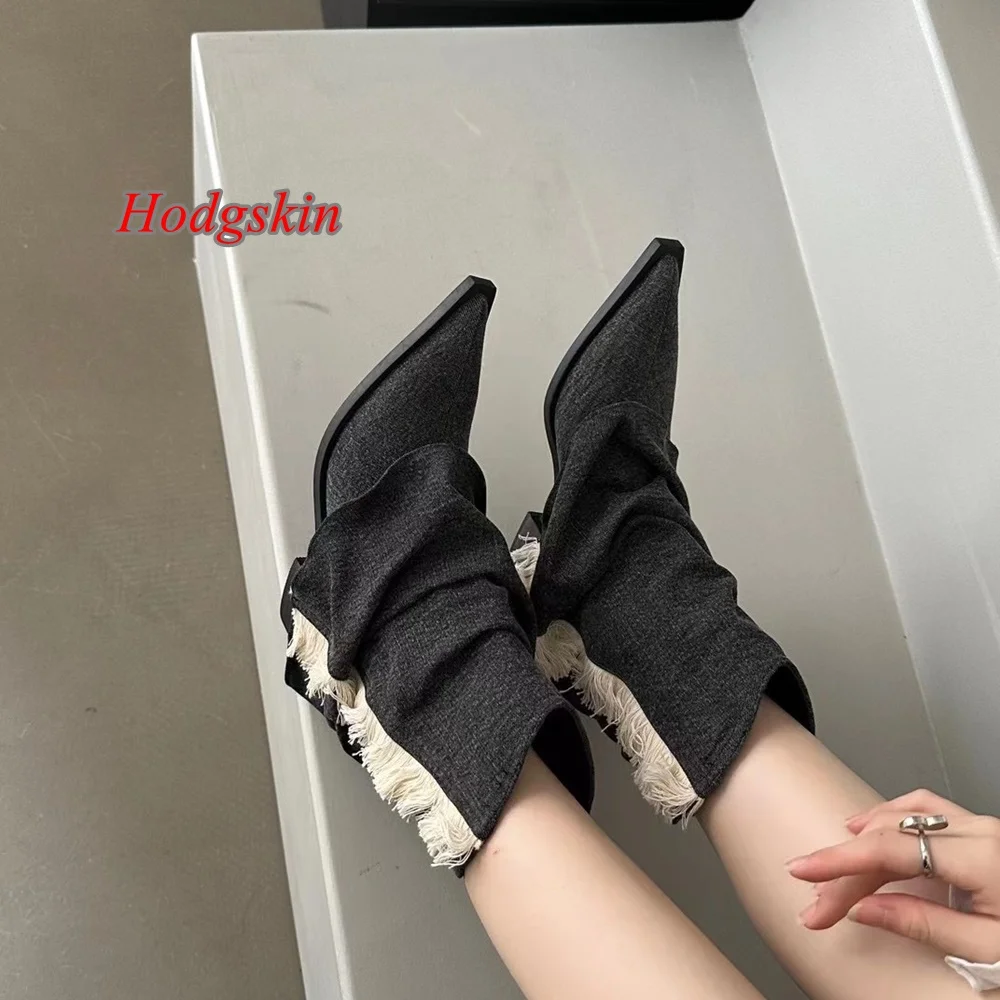 

Slip On Pointed Toe Women Boots Denim Chunky Heel Patchwork Pleated Boots 2024 New Arrivals Spring/autumn Fashion Casual Boots