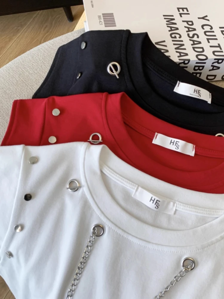 แฟชั่น Y2k เสื้อยืดแขนกุดหญิงฤดูร้อนใหม่ Rivet CHAIN Splicing สีทึบเสื้อไหล่แขนสั้น TOP Tees ผู้หญิง