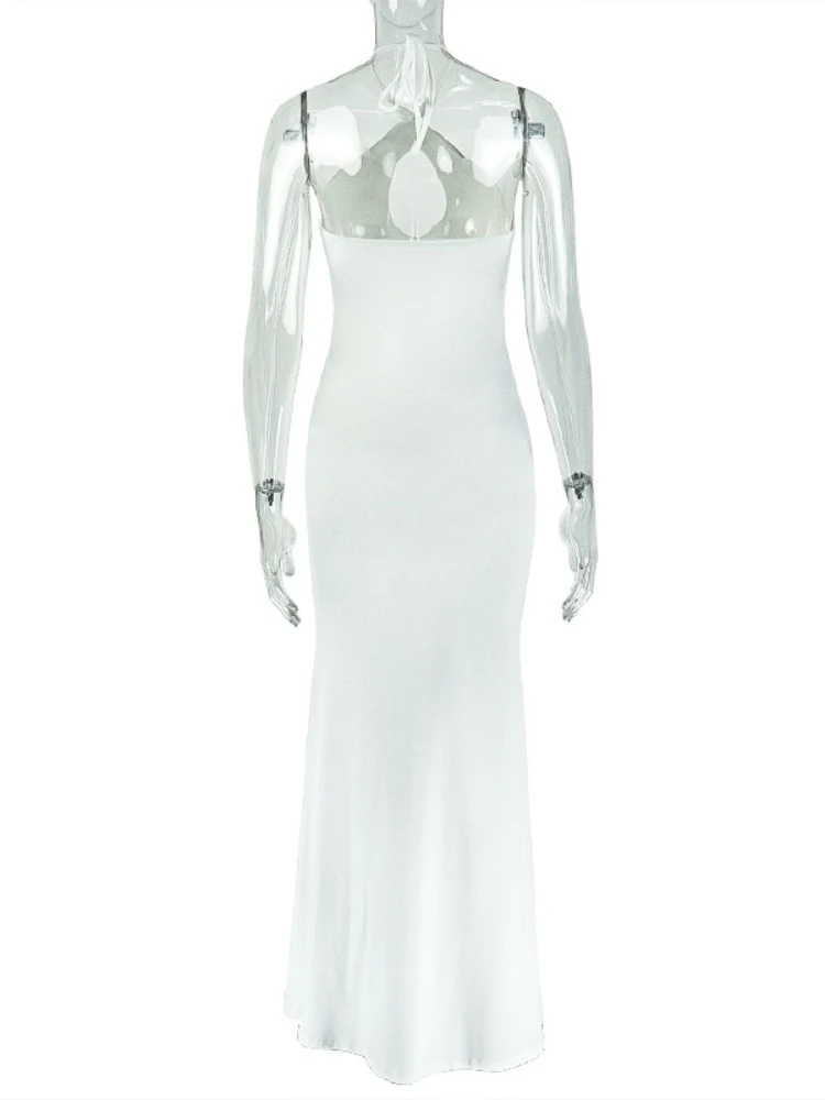 SsTss Elegantes ärmelloses langes Damenkleid, solides Ausschnitt-Detail, Neckholder, rückenfrei, gerüscht, schlank, High Street, Club, Partykleid