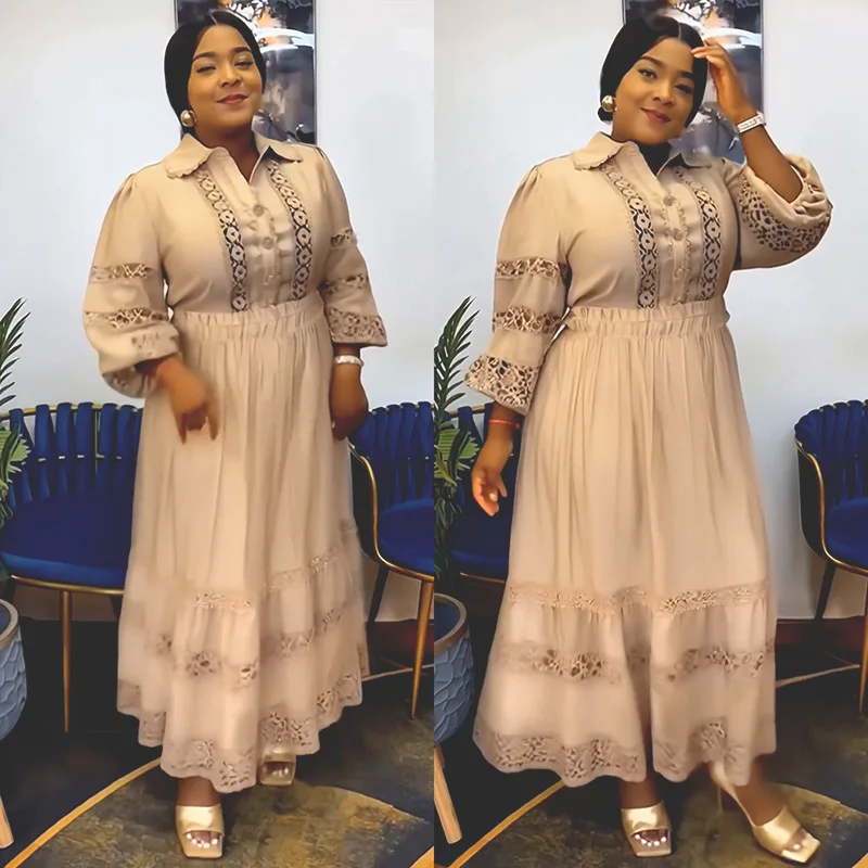

Elegant Women's Set Hollow Lantern Sleeve Shirt Long Skirt Two Piece Sets African Clothing Plus Size Turkey Outfits Kaftan Dress