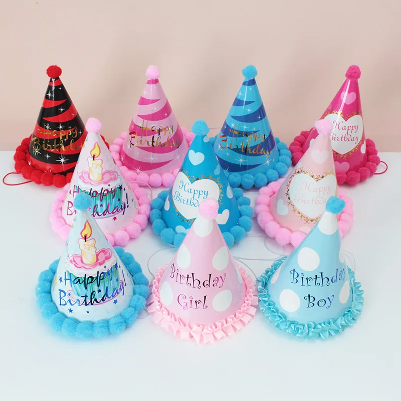5Pcs Children Birthday Party Hat Colorful Pom-pom Hats Friends Family Party Activities Headwear Decorations Gifts for Kids XPY