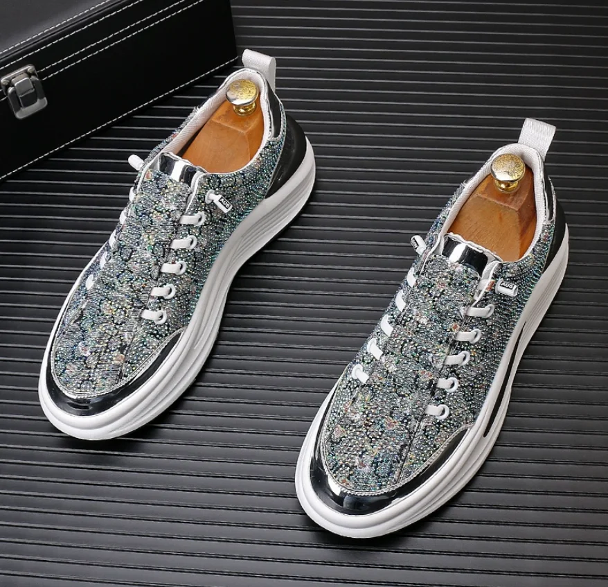 

Роскошные кроссовки со стразами, мужская повседневная обувь на платформе, прогулочная обувь на шнуровке с круглым носком, мужские однотонные дизайнерские кроссовки с кристаллами