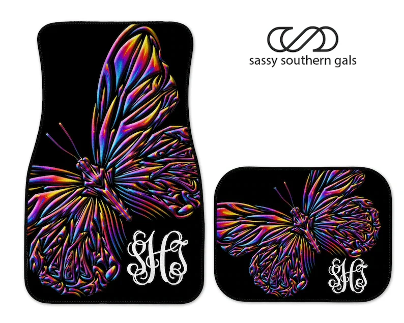 Butterfly Car Accessories | Car Mats for Teens | Rainbow Color Butterly | Car Accessory | Monogram Car Mats | Personalized Car M