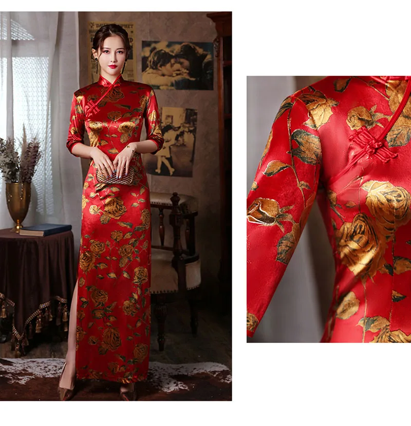 Women Red Vintage Cheongsam Floral Chinese Style Velvet Dresses Long Sleeve Spring Autumn Elegant Long Dress S To 5XL