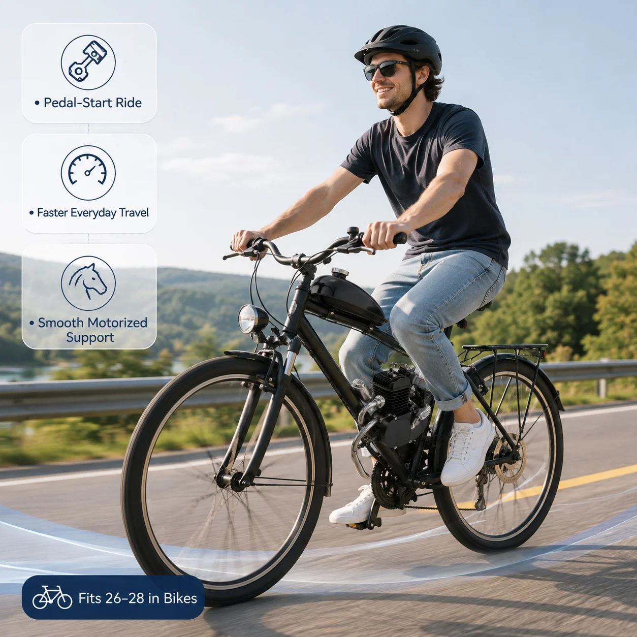 Motor de Bicicleta de 80cc y 2 Tiempos, 1.85kw/5500rpm, con Encendido CDI, 1.65HP, Cilindro Único, Orificios de Disipación de Calor, Bajo Consumo de Combustible 0.53gal/62millas, Arranque con Pedal, Acabado Negro, para Bicicletas de Montaña, Cruiser y Carretera con Cuadro en V de 26-28 Pulgadas