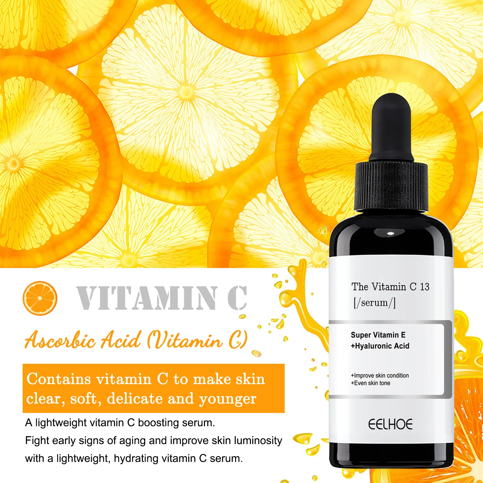 Vitamina C antienvelhecimento soro, removedor de sarda, desvanece-se pigmento, melanina, ácido hialurônico, hidratar, mancha escura corrector, clareamento essência