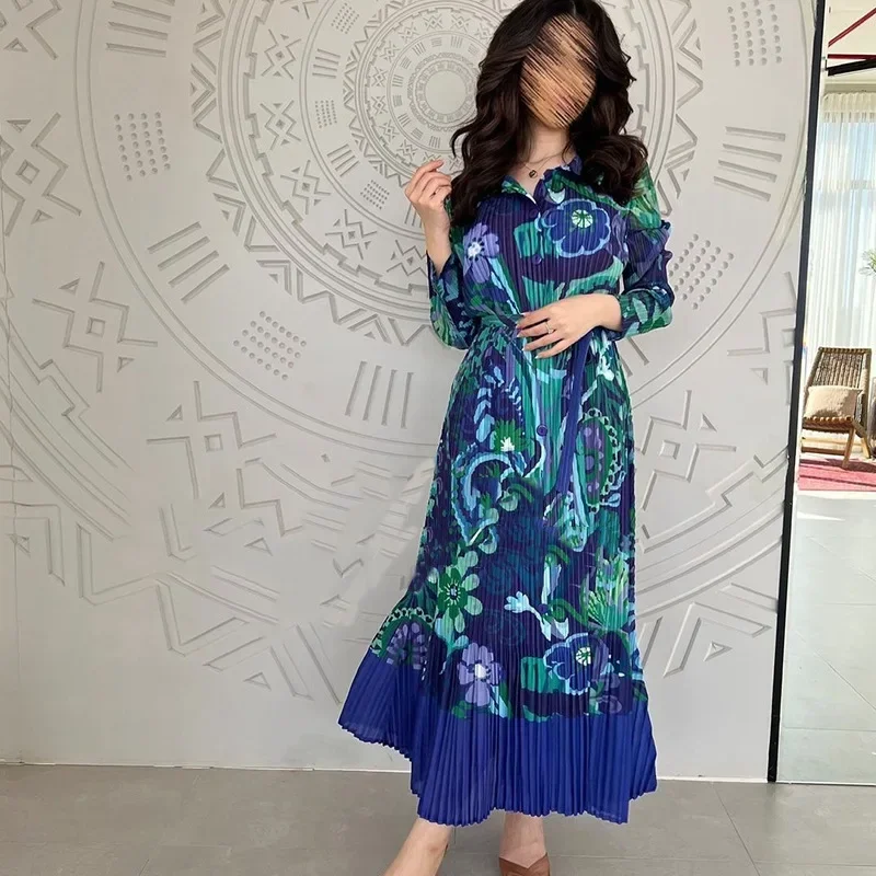 Miyake จีบชุด 2024 ฤดูใบไม้ร่วงใหม่หลวมแขนยาวพิมพ์ Patchwork ความยาวกลางชุดฤดูร้อน