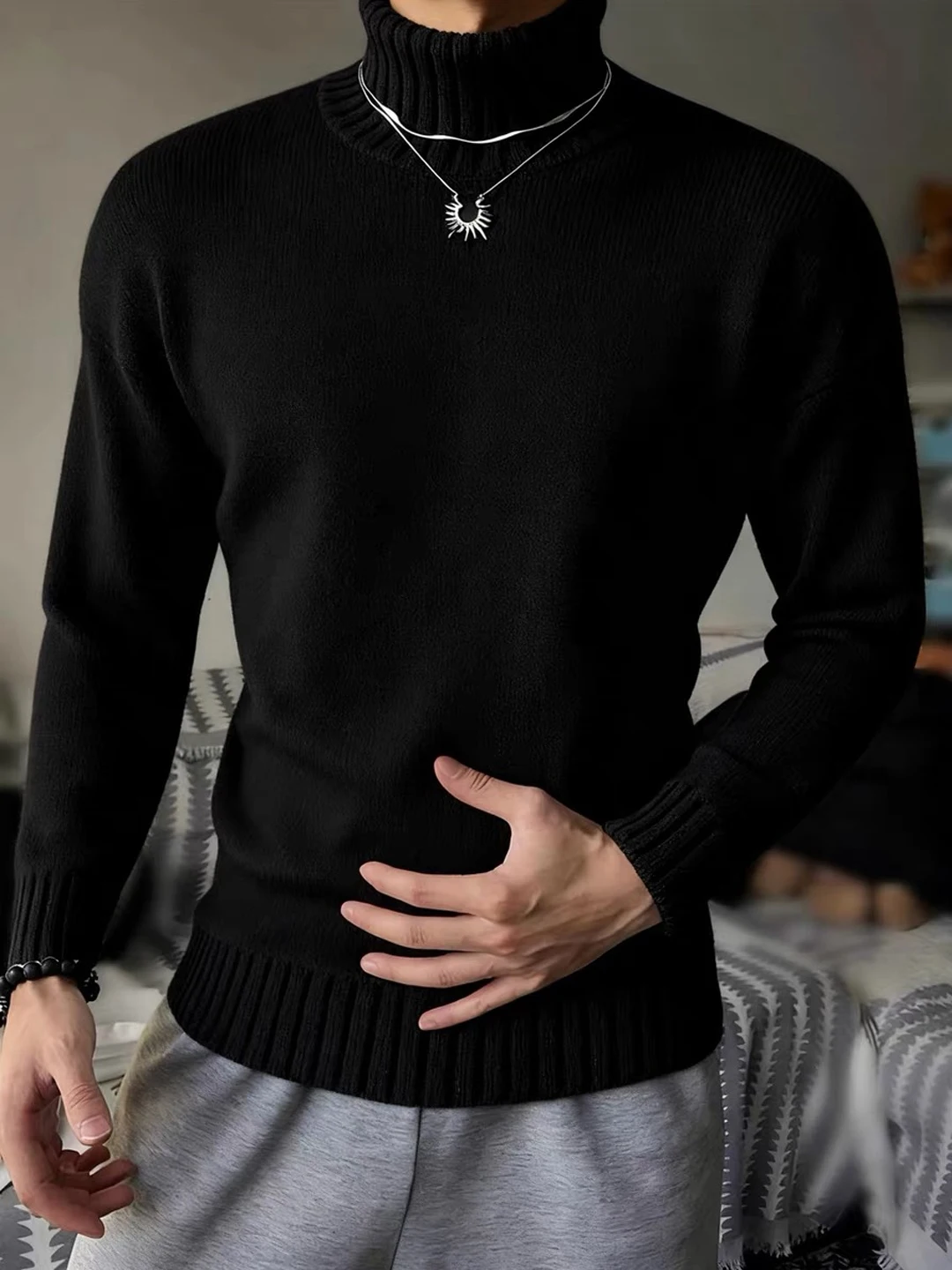 

Мужской свитер с высоким воротником на флисовой подкладке, черный, теплый, вязаный, в стиле Cleanfit, базовая рубашка для города, повседневный стиль