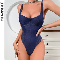 CHUANGERM Sexy Solid Bodysuit Women Denim Clothing Hottie Slim One-pieces Streetwear Bodys Skinny Aesthetic Para Mujer De Vestir