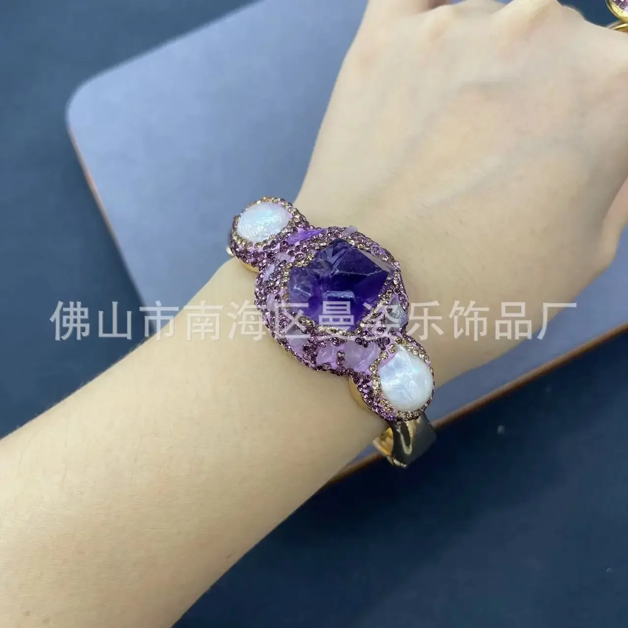 Natural Brazilian amethyst rough ore inlaid pearl bracelet ring two-piece set European and American fashion jewelry set