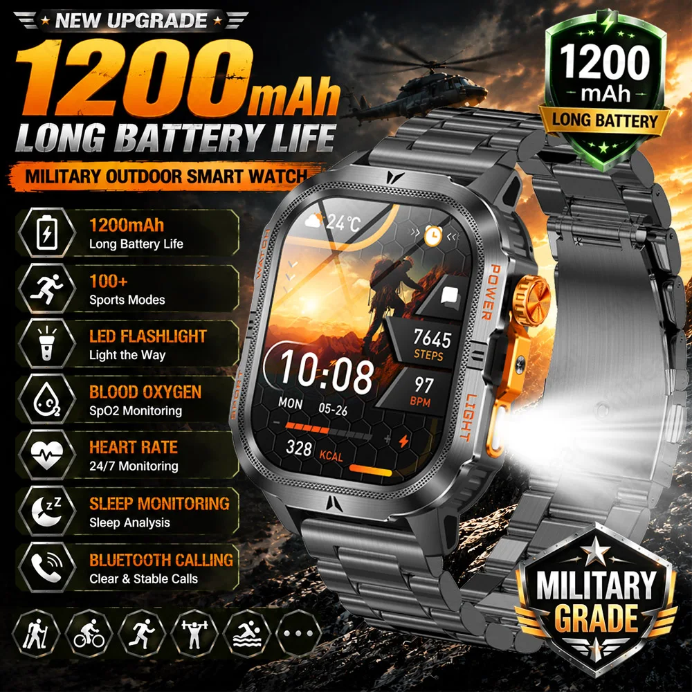2026New 1200mAh Battery SmartWatch Military Grade LED Flashlight Sports Modes Health Monitoring Bluetooth Call Smart Watch Men