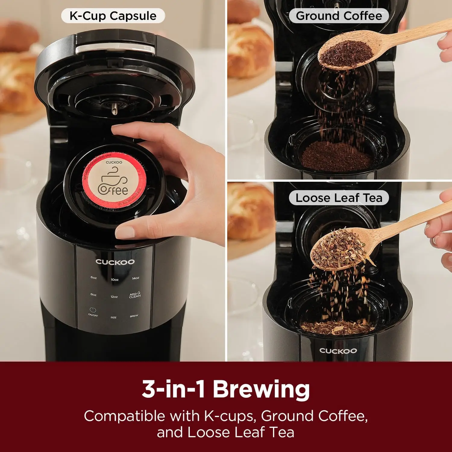 Caffettiera monodose per chicchi macinati K-Cup e tè a foglie sfuse, versatile caffettiera a cialde 3 in 1, piccola macchina a tazza singola con
