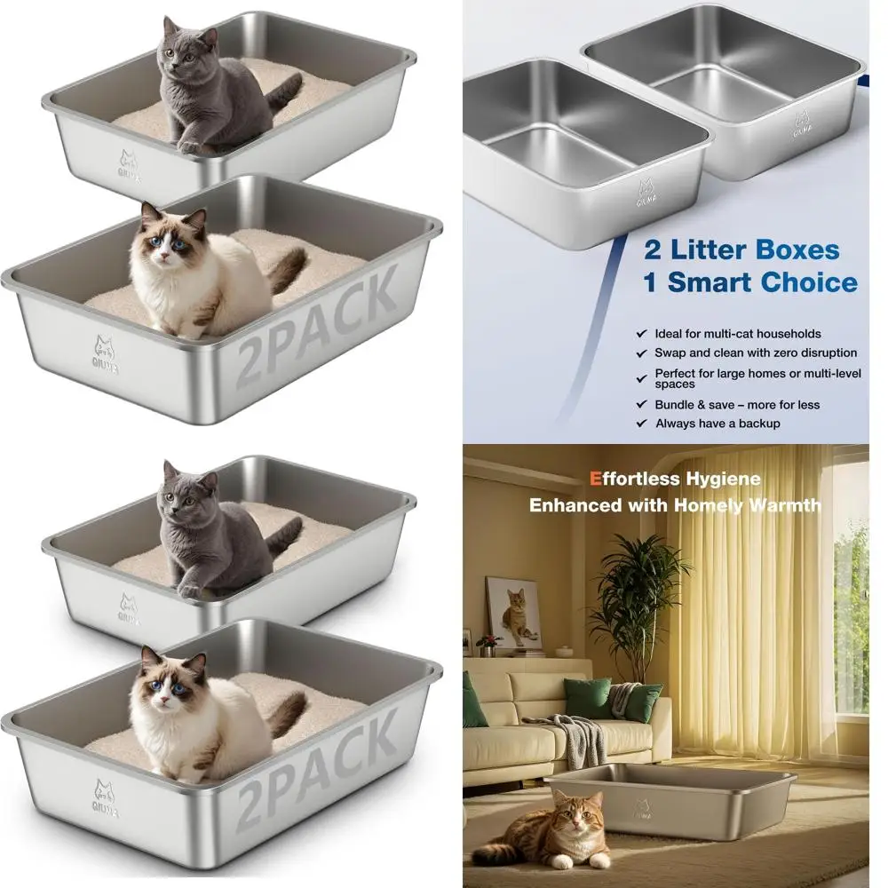 

Двойные лотки для кошек из нержавеющей стали, 23,4 длина x 15,6 ширина x 5,9 высота, высокие бортики для крупных кошек, антипригарное покрытие, легко чистятся.