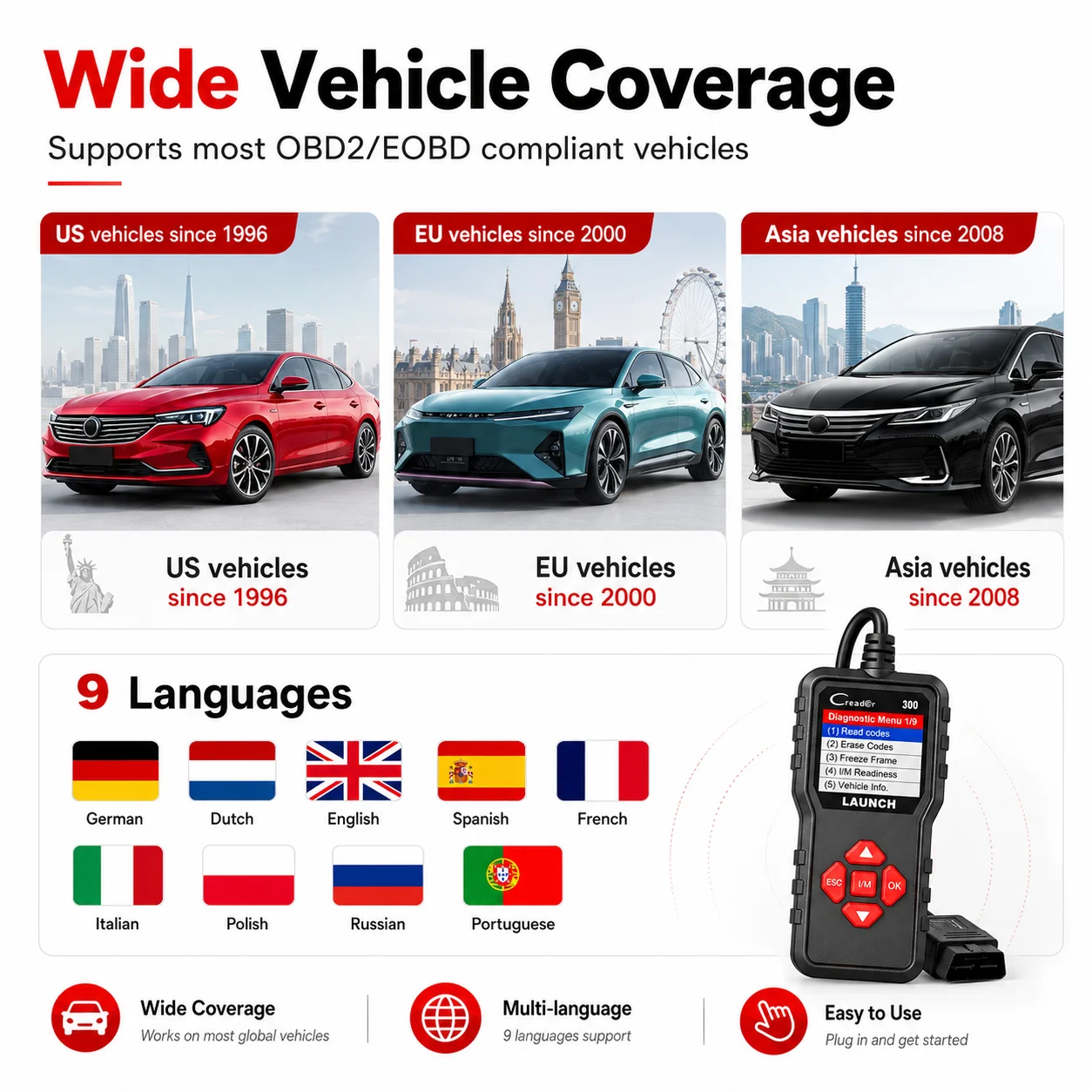 LAUNCH X431 CR300 Auto-OBDII-Scanner, Codeleser, I/M-Bereitschaft, Motorleuchten-Löschfunktion, Diagnosetool, Batterietester, kostenloses Update – Detail 1