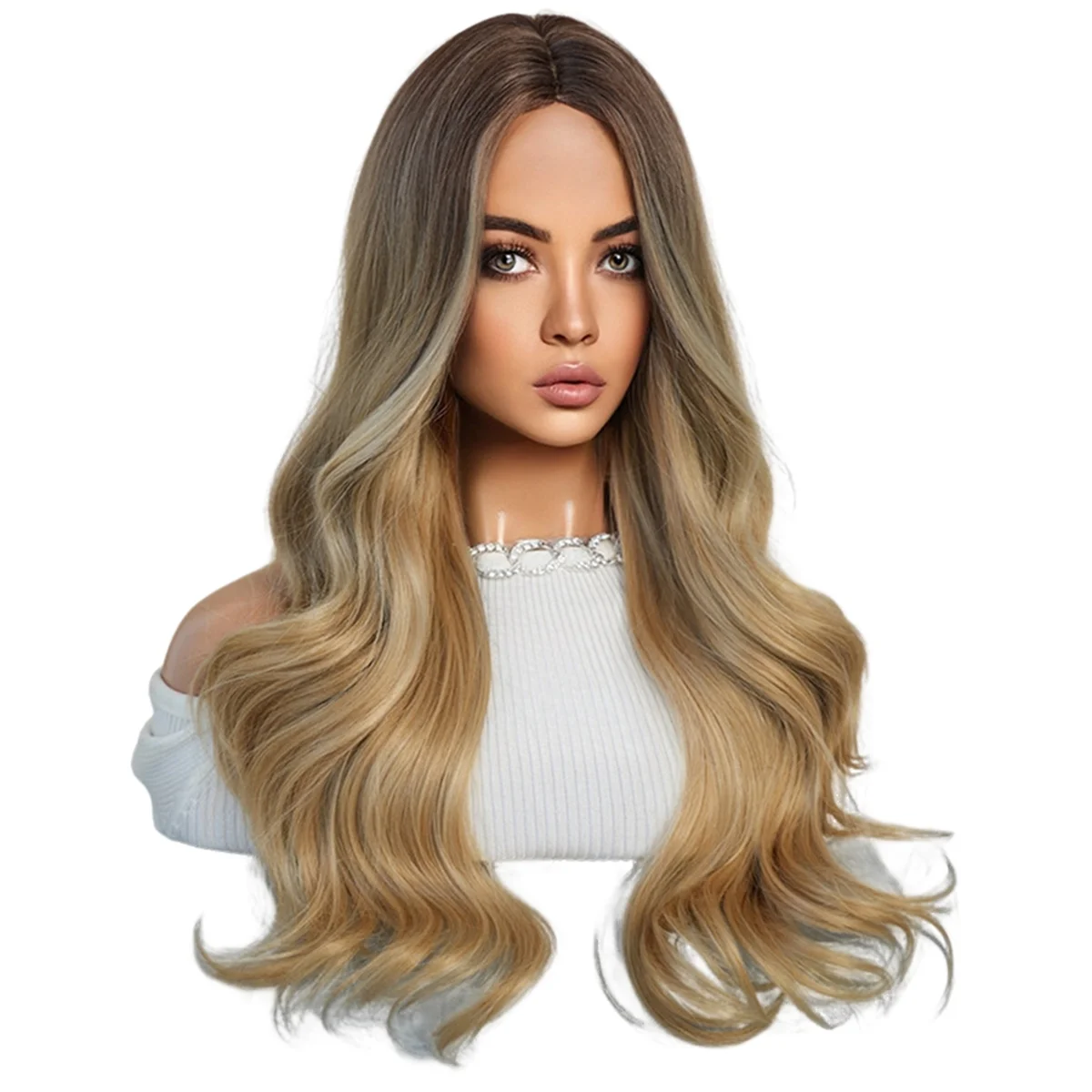 Blonde Brown Gradient 64CM European American Wig Long Curly Hair Medium Parted Full Full Wigs