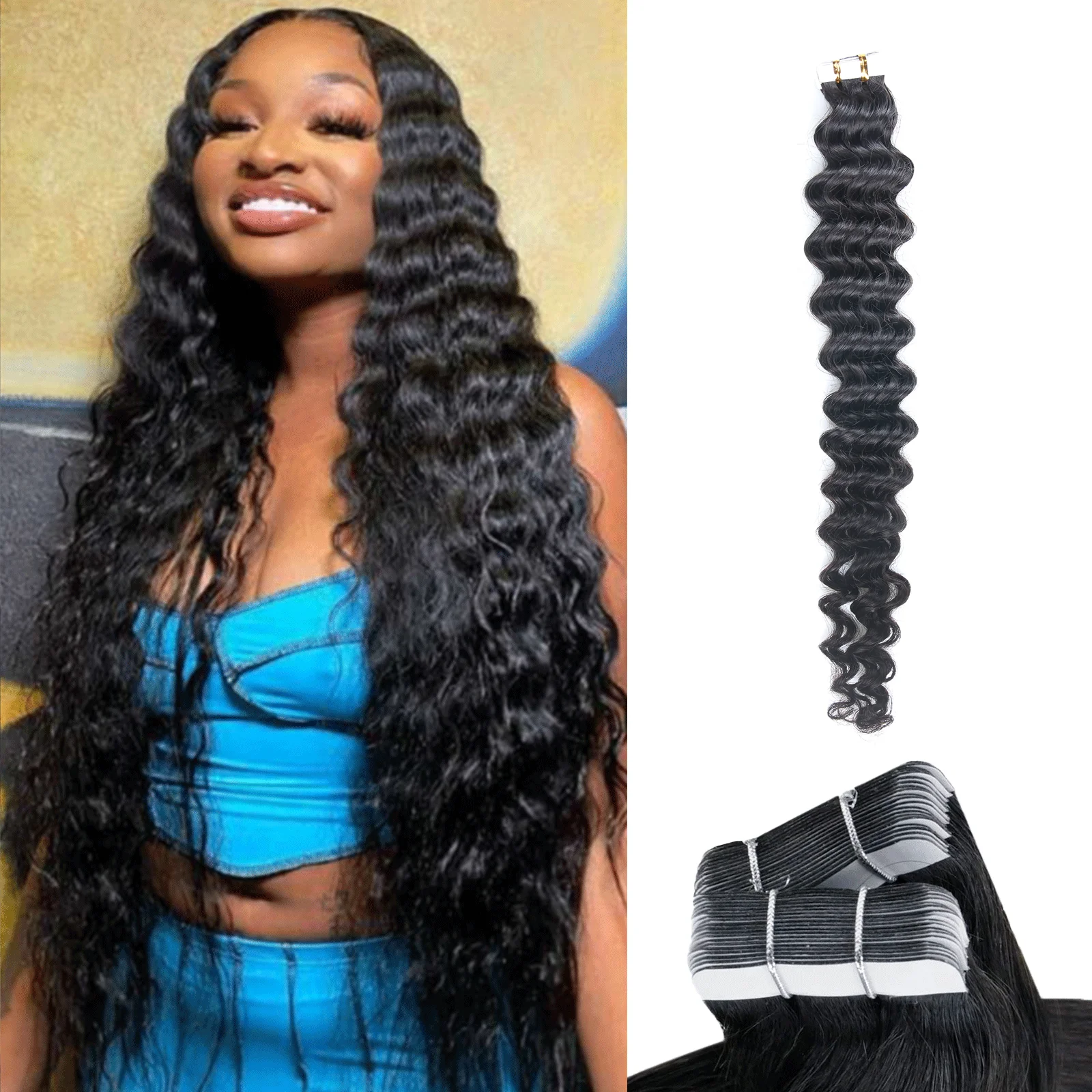 Deep Wave Tape In Human Hair Extensions For Women 100% Virgin Hair Adhesive Invisible Natural Black #1B16-30 inches 20pcs/pack