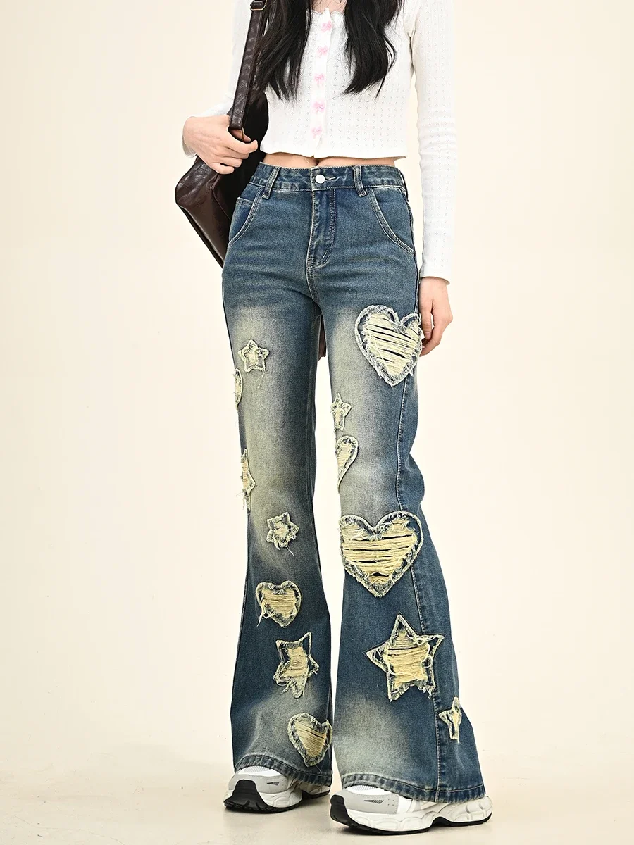 

Graffiti Love Sticker Old Jeans Women 2024 Autumn New American High Street Hot Girl Micro La