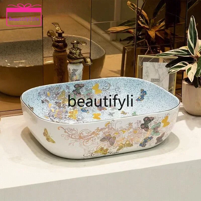 

YL Art ceramic table basin European butterfly fluttering bathroom outdoor washbasin balcony