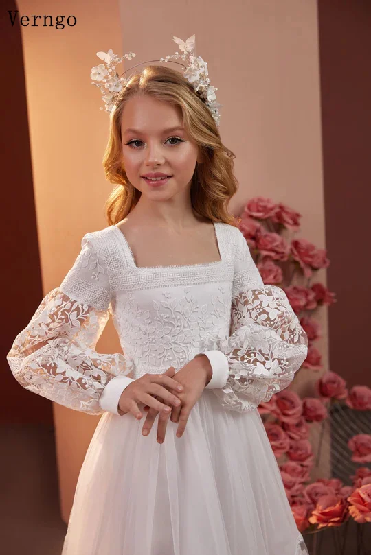 Verngo-vestido elegante de tul marfil con flores para niña, vestido de fiesta de cumpleaños con cuello cuadrado, vestido Maxi de princesa modesto personalizado