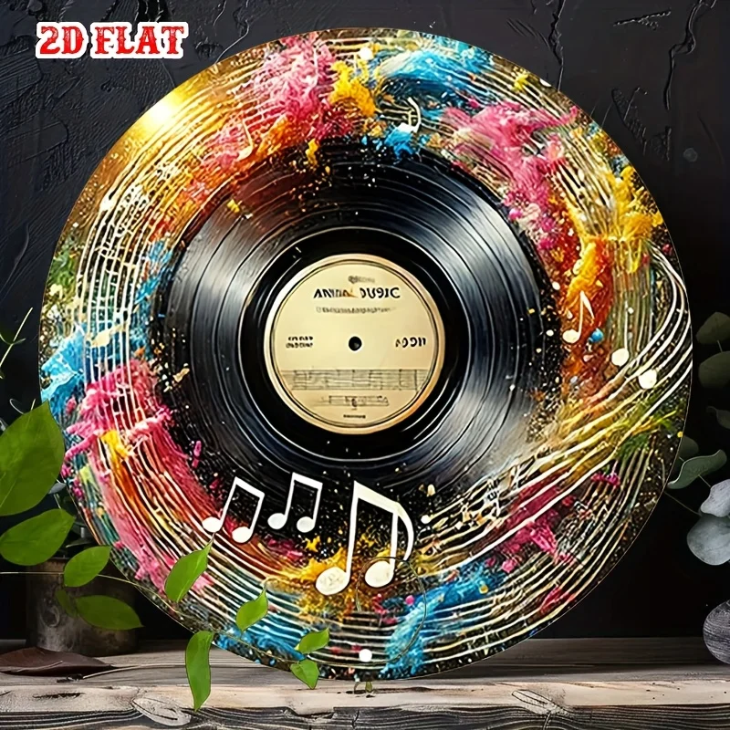 [2D Flat] 1 Stück Vintage-Metallschild im Schallplatten-Design – 19,81 cm runde Aluminium-Wandkunst mit Musiknoten, bunter Spritzlack und