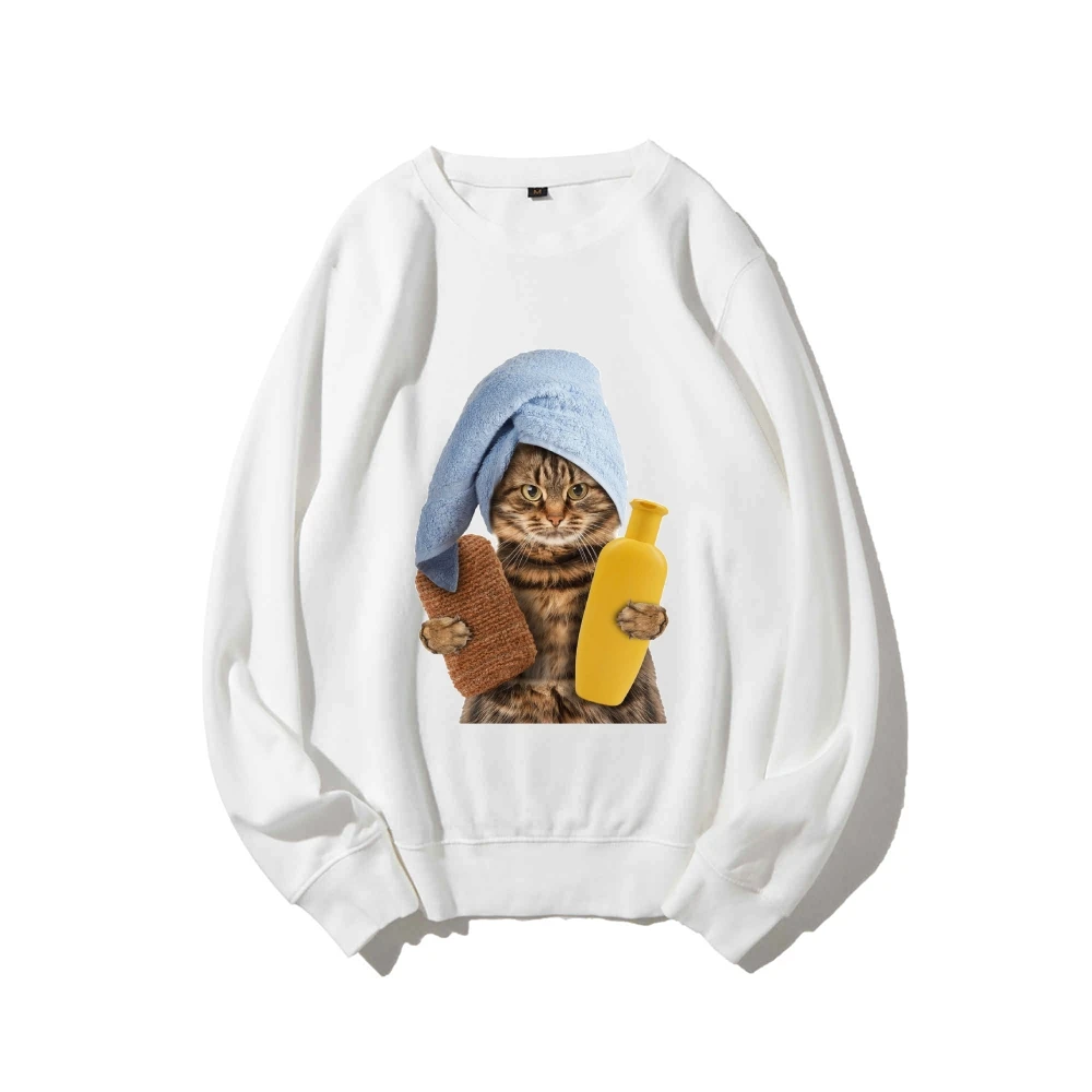 Cute Funny Shower Cap Cat Print Pullovers Sweatshirts Pure Cotton Woman Clothing Autumn Winter Hoodie Fashion Long Sleeve Top