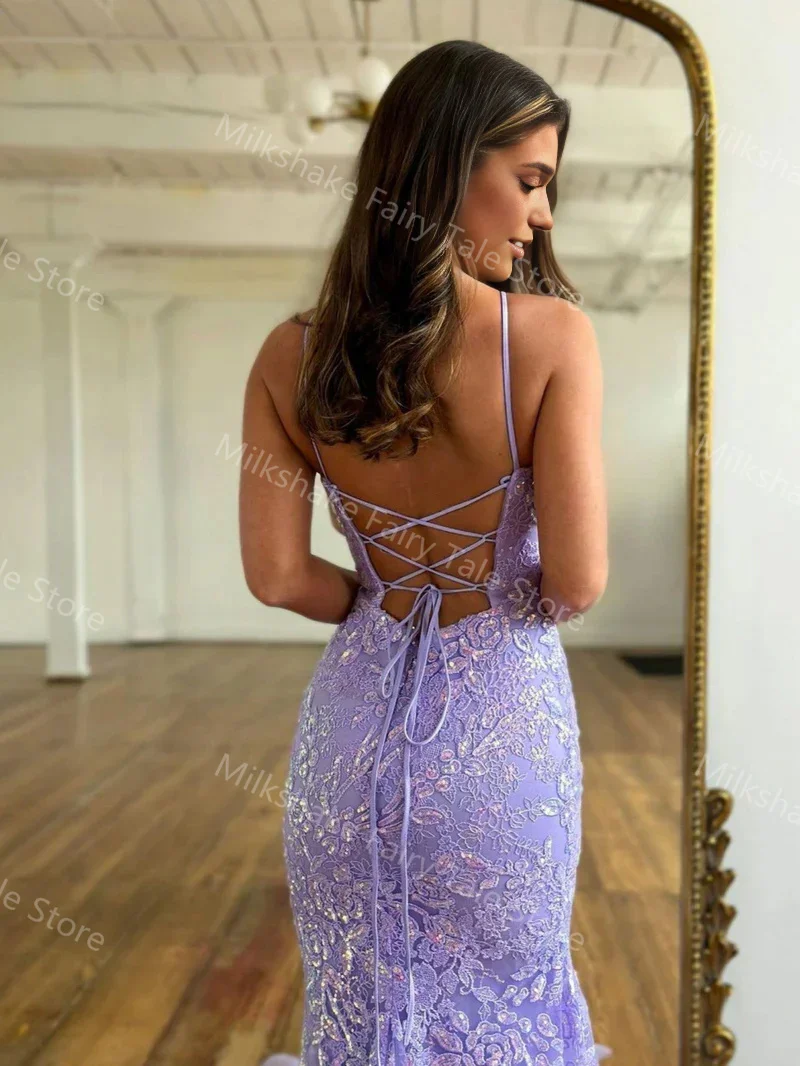 Lavender Mermaid Prom Dresses Lace Appliques Sleeveless Evening Dresses Sexy Sweep Train Women Customized Wedding Guest Gowns