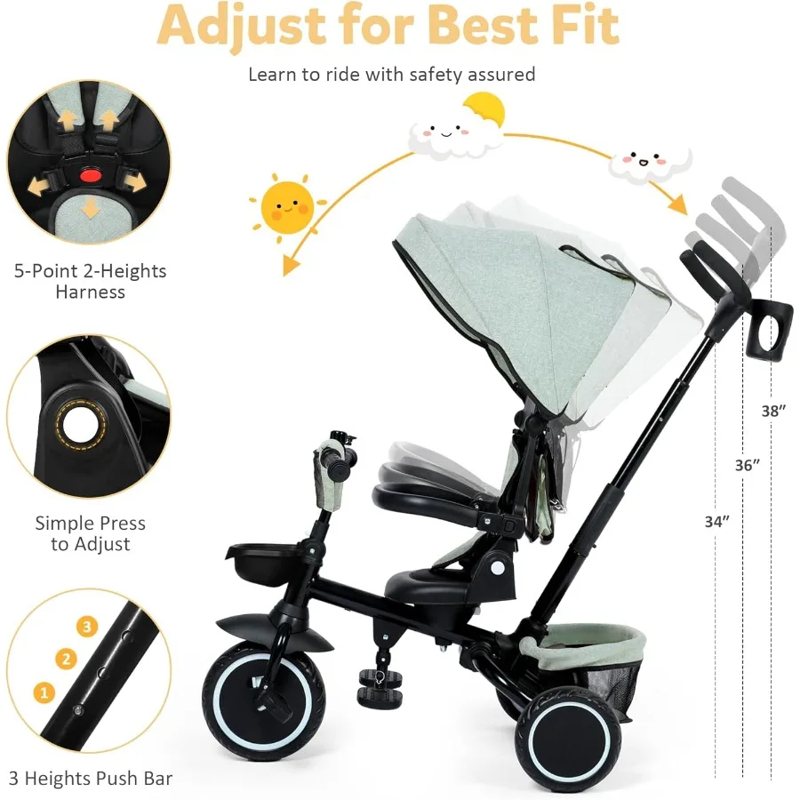 折りたたみ三輪車 8 in 1 ベビー三輪車 取り外し可能で調整可能なキャノピー付き 親用ハンドル 5点式安全ハーネス 幼児用自転車 ストローラー