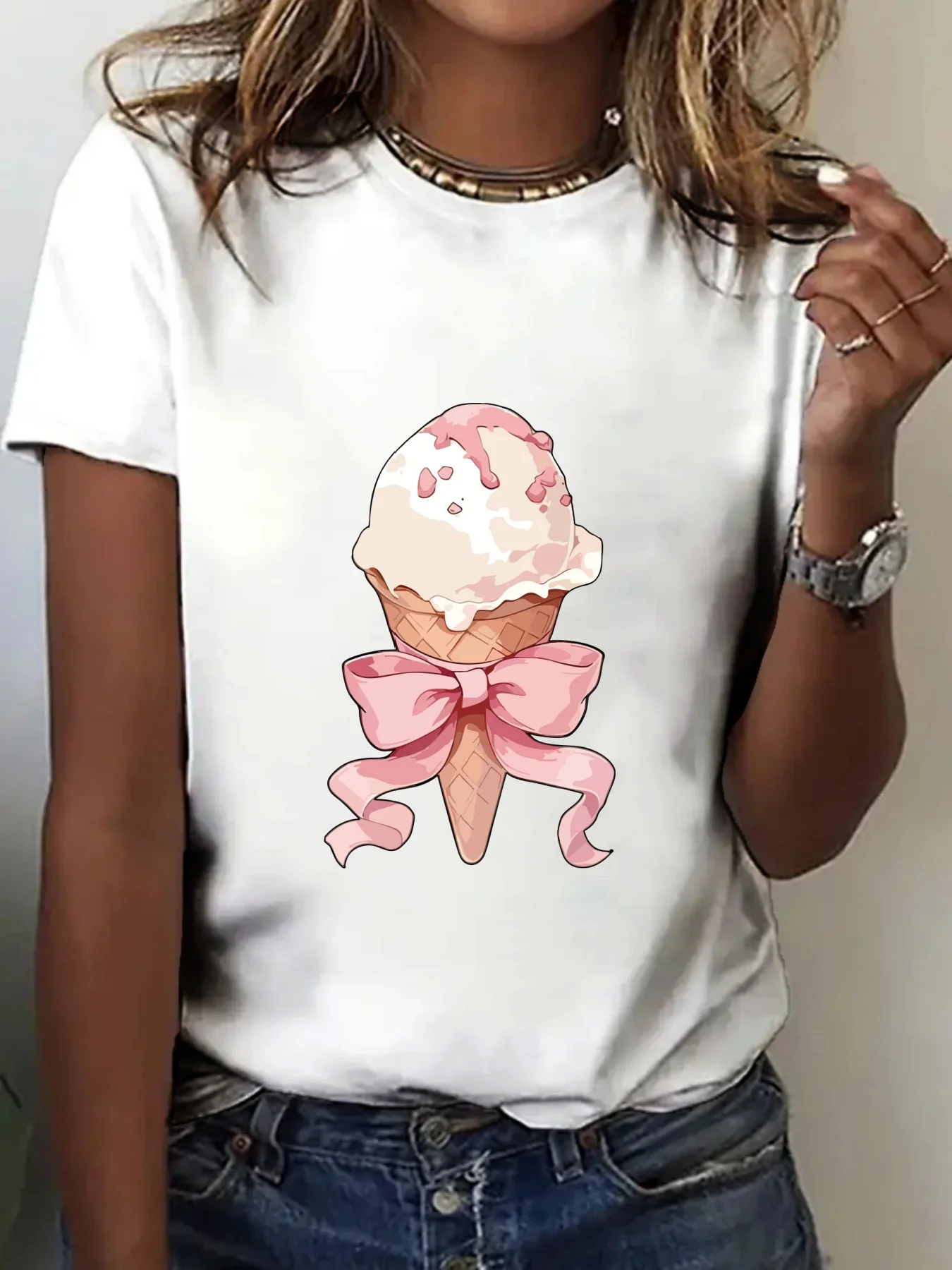 

Women's Casual Ice Cream Bow Print Short Sleeve T-Shirt Round Neck Pink Bow and Cone Design Four Seasons Fashion Tops SummerWear
