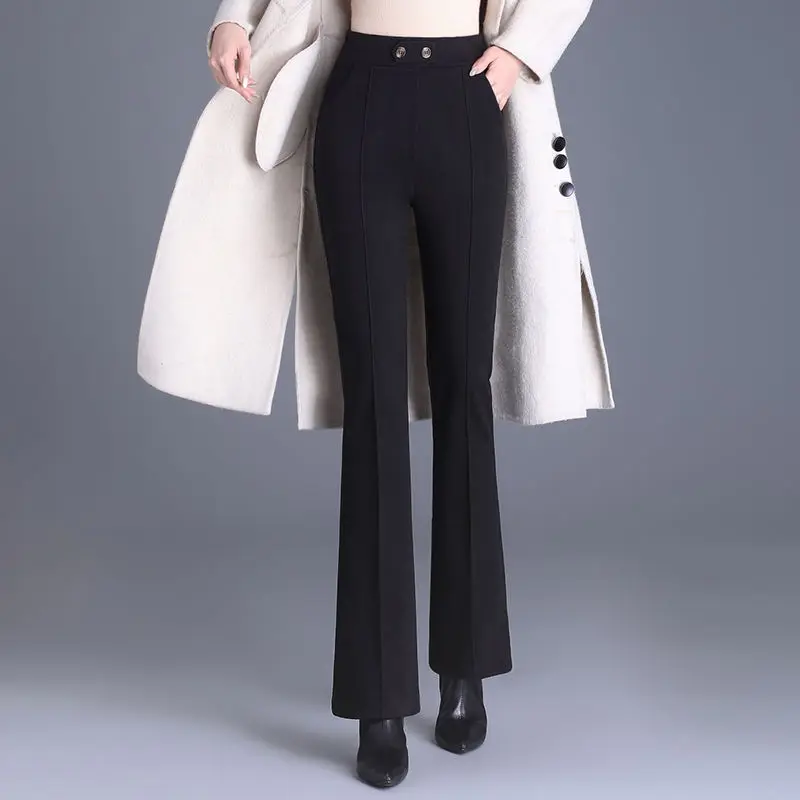 Flare Autumn Winter High Waist Pants Casual Elegant Elastic Waist Boot Cut Solid Color Office Lady Elastic Slim Trousers 2024