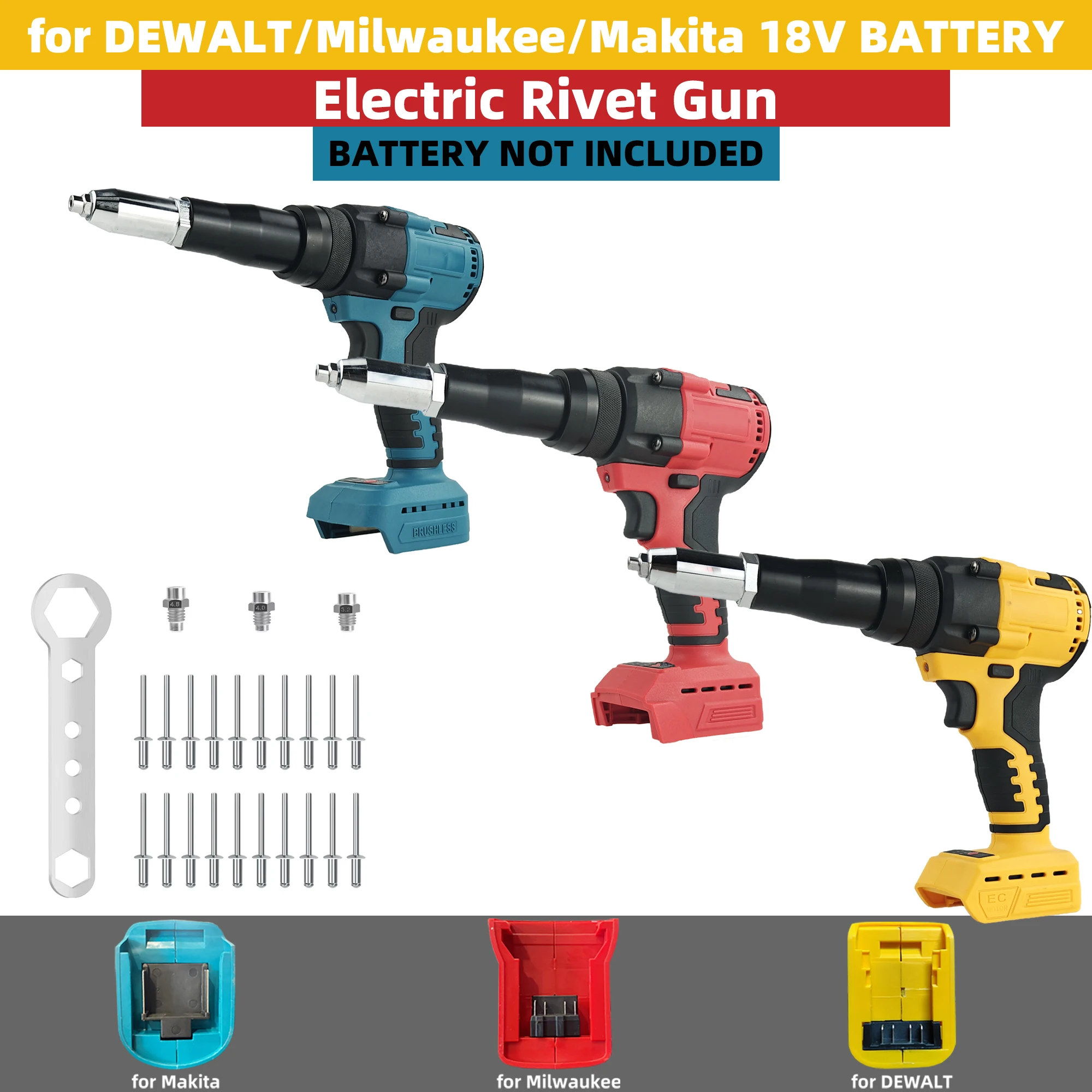 Brushless Electric Rivet Gun 2.4mm-4.8mm Automatic Riveter Rivet Hand Tool with LED Light (Batteries not included)