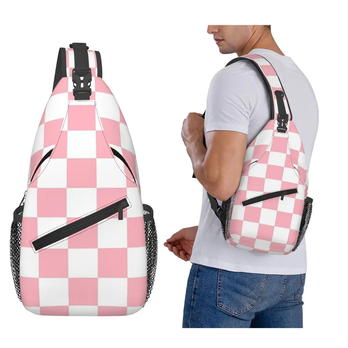 

Pink White Checkerboard Pattern Chest Bag Men Sling Crossbody Backpack Chest Bag Travel Hiking Daypack Shoulder Bag