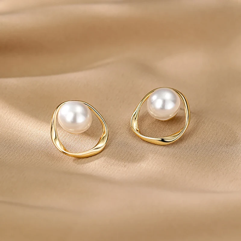 Foxanry 불규칙 기하학적 진주 스터드 귀걸이 여성용, 심플하고 우아함, 달콤한 알레르기 방지, 웨딩 신부 주얼리 선물