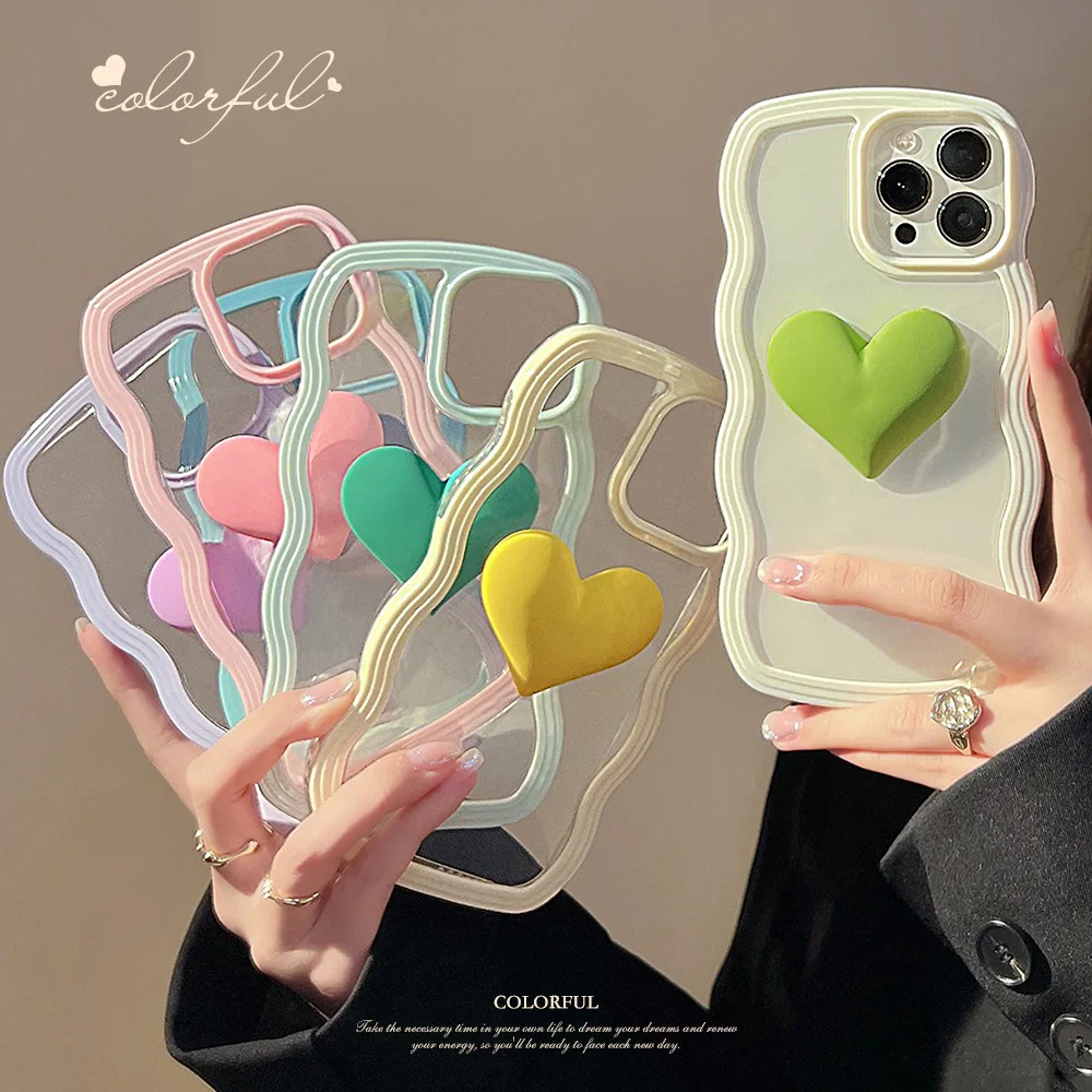Mode Transparent Lockige Welle 3D Liebe Herz Telefon Fall Für iPhone 16 15 11 14 12 13 Pro max X XR XS Max Stoßfest Stoßstange Abdeckung