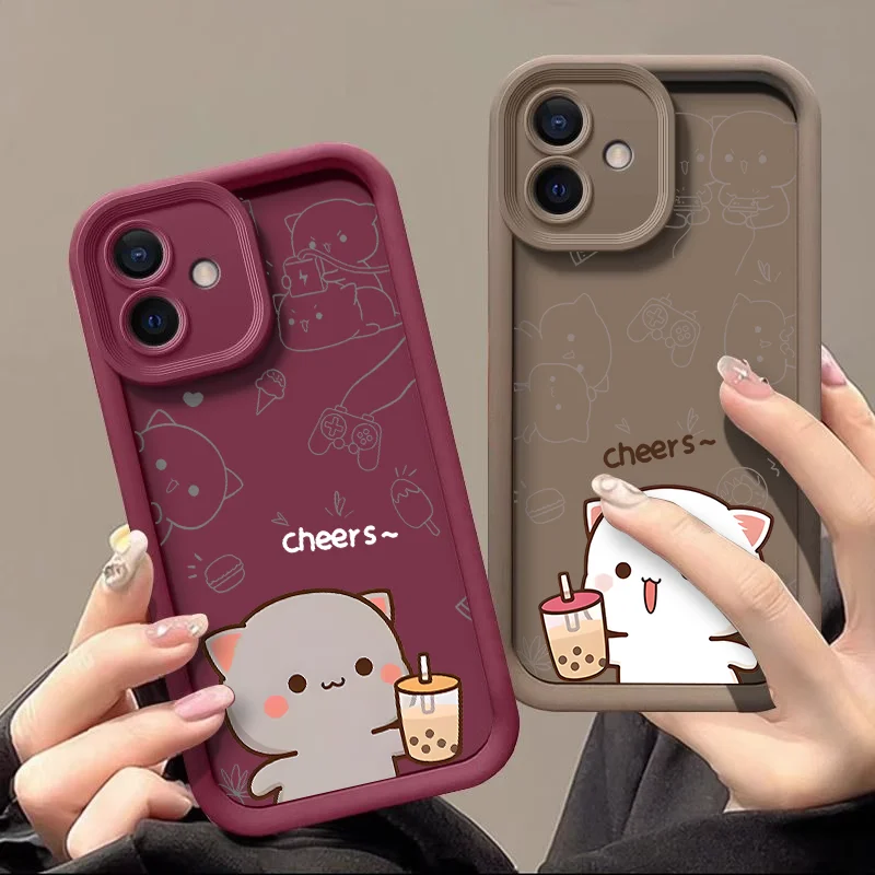 Cartoon Peach Mochi Cat Couple Case for Xiaomi 14T 13T Pro Redmi Note 10 12 13 14C 9 Poco M6 Lite Cute Animal Paired Soft Cover