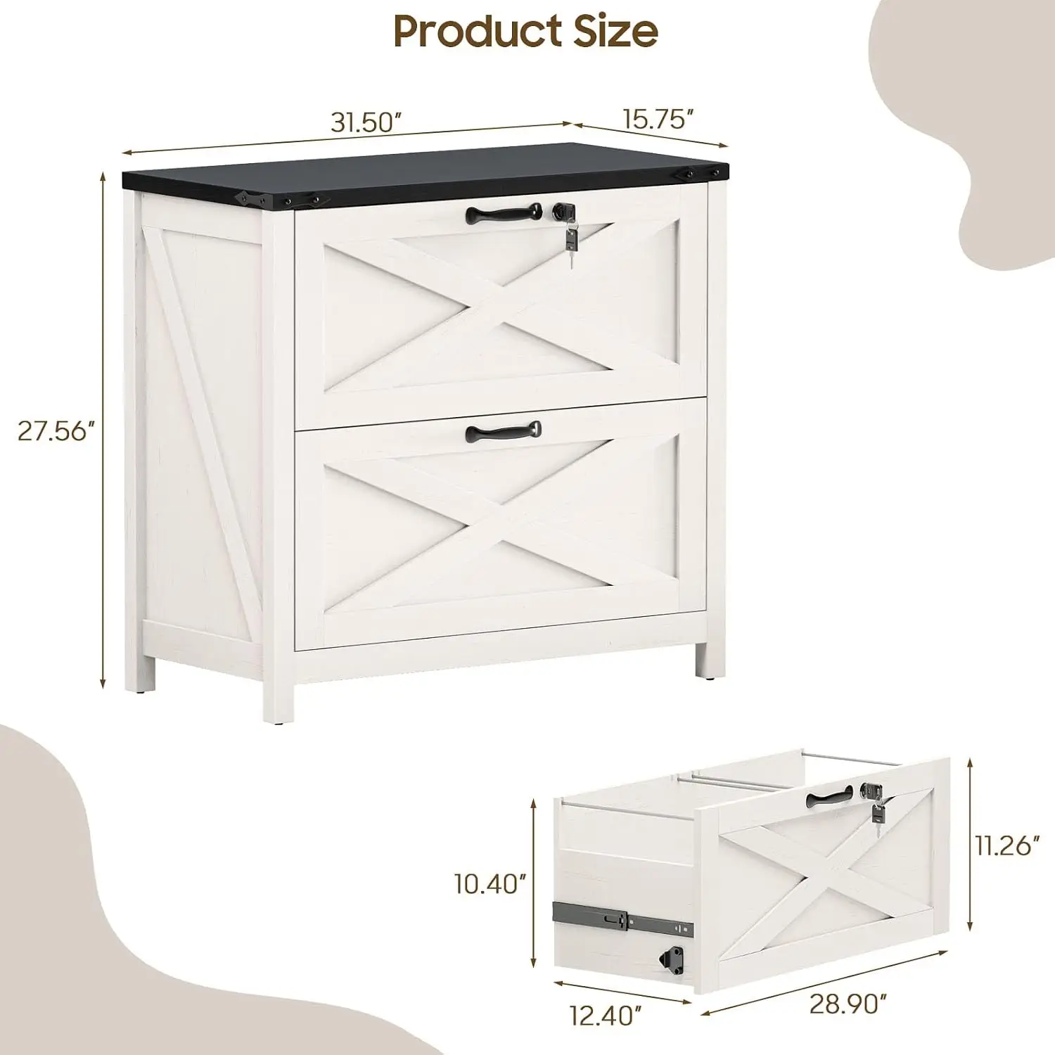 Farmhouse Lateral File Cabinet 2 Lock Drawers Letter/A4 Files, Wooden Printer Stand Home Office, White & Black, Customized