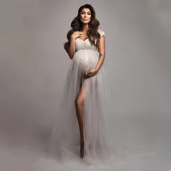 Maternity Photography Tulle Dresses Bodysuit Outfit Pregnant Woman Photo Shoot Sides Slit with Tulle Lace Long Flying Dress